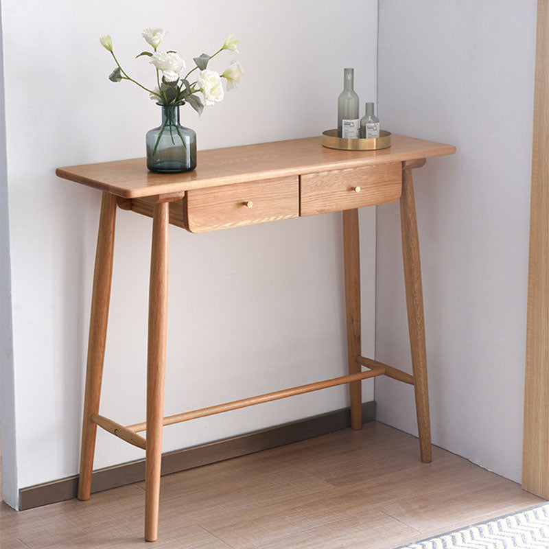 Traditional Japanese-Inspired Solid Wood Console Table with Rounded Corners, Rectangular Design, Half-Drawer for Living Room or Entryway