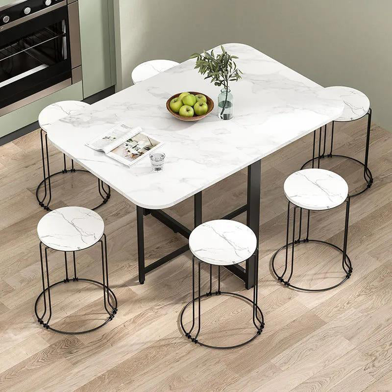 Modern Minimalist Rounded-Rectangular Iron and MDF Folding Dining Table with Drop-Leaf, Space-Saving for 4–6 Seats