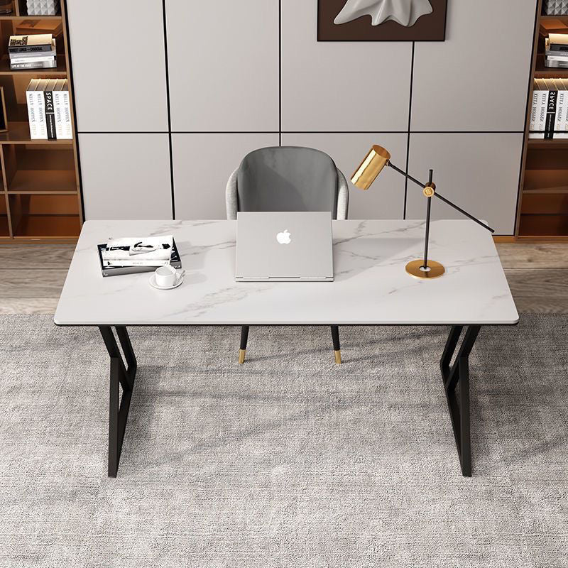 Premium Stone Slab-Top Desk with Carbon Steel Frame — Modern Minimalist Rectangular Office Desk for Home Office