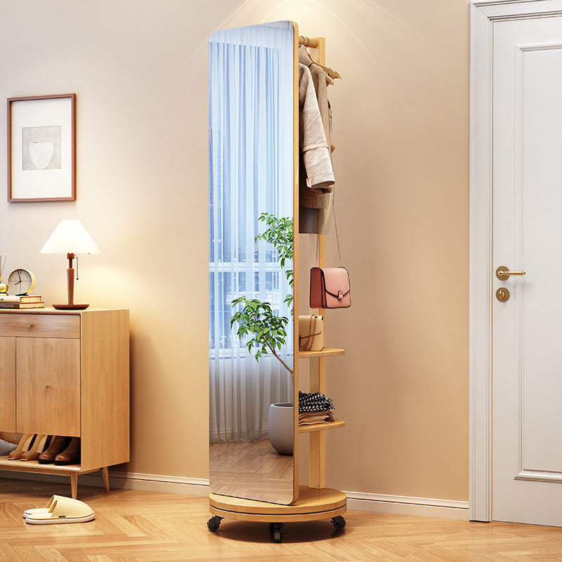 Modern Minimalist Rectangular Solid-Wood Hall Tree — Rotating, Movable with Mirror and 3-Tier Storage for Bedroom & Entryways