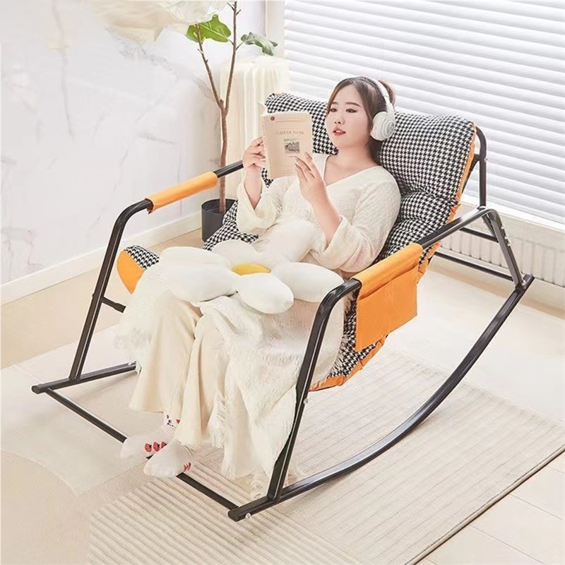 Modern Minimalist Rectangular Rocking Chair with Carbon Steel Frame and Technical Fabric Upholstery, Backrest and Armrests for Living Room