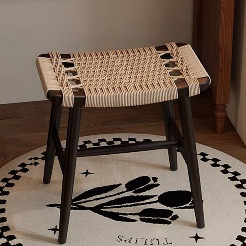 Traditional Rustic Rectangular Solid Wood Vanity Stool – Backless & Armless with Kraft Paper Rope Accent, Perfect Bedroom Décor