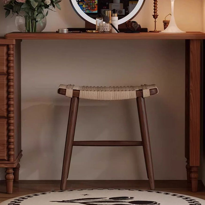Traditional Rustic Rectangular Solid Wood Vanity Stool – Backless & Armless with Kraft Paper Rope Accent, Perfect Bedroom Décor