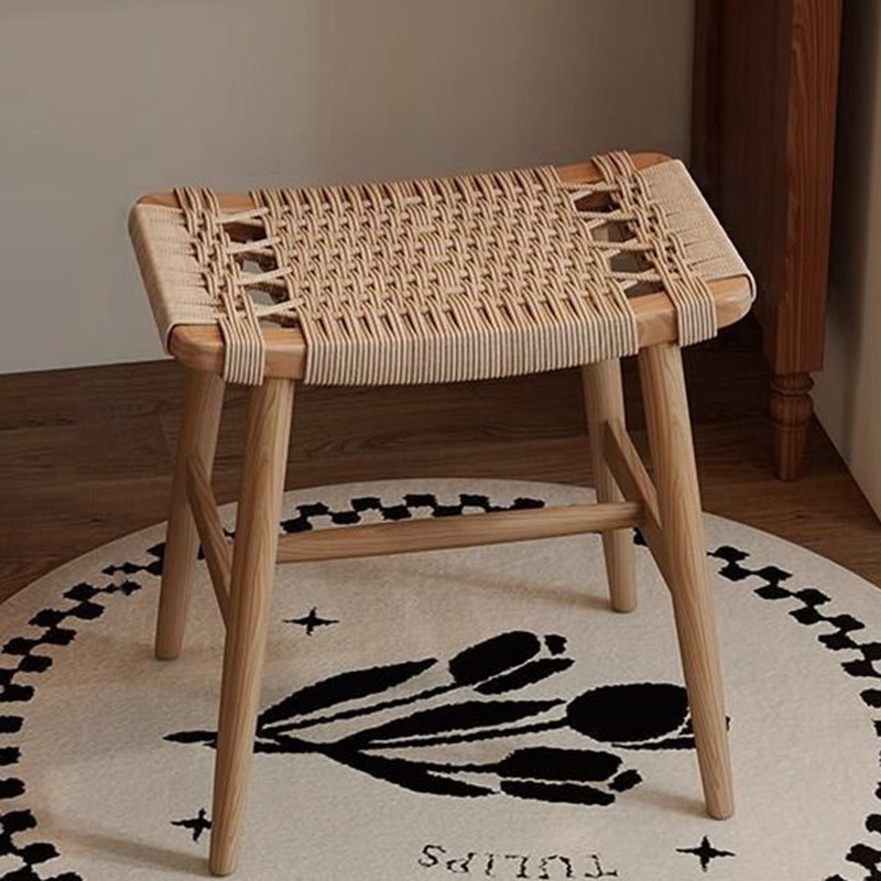 Traditional Rustic Rectangular Solid Wood Vanity Stool – Backless & Armless with Kraft Paper Rope Accent, Perfect Bedroom Décor