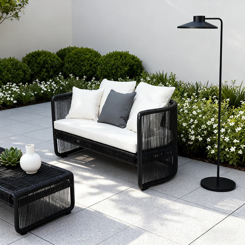 Traditional Chinese Curved PE Rattan Outdoor Sofa with Aluminum Alloy Frame, Fabric Upholstery, Backrest and Armrests