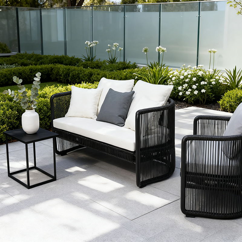 Traditional Chinese Curved PE Rattan Outdoor Sofa with Aluminum Alloy Frame, Fabric Upholstery, Backrest and Armrests