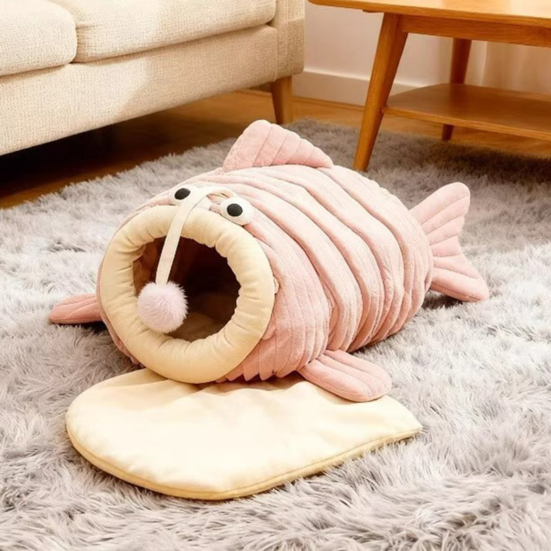 Contemporary Lantern-Fish Crystal Velvet Cat & Dog Bed with Plush PP Cotton Cushion for the Bedroom