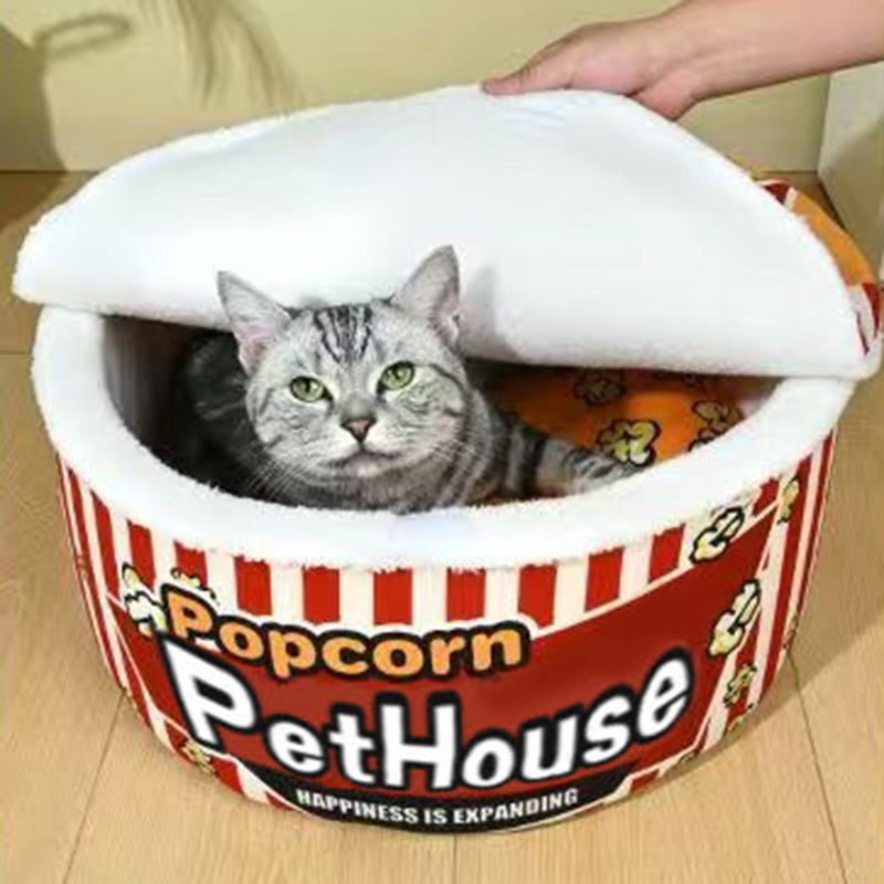 Contemporary Cylindrical Popcorn Bucket Pet Bed in Crystal Velvet and Arctic Velvet – Detachable Cat Bed for Bedroom