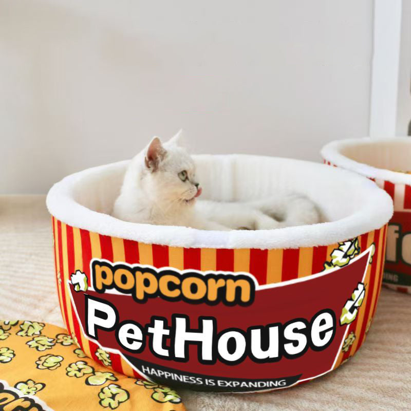 Contemporary Cylindrical Popcorn Bucket Pet Bed in Crystal Velvet and Arctic Velvet – Detachable Cat Bed for Bedroom