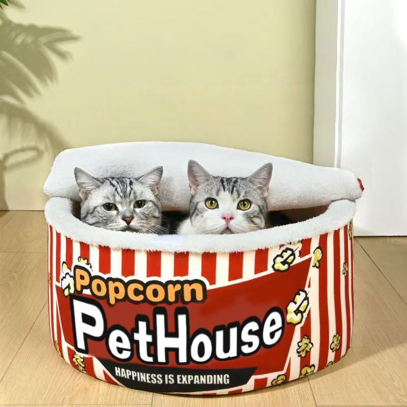 Contemporary Cylindrical Popcorn Bucket Pet Bed in Crystal Velvet and Arctic Velvet – Detachable Cat Bed for Bedroom