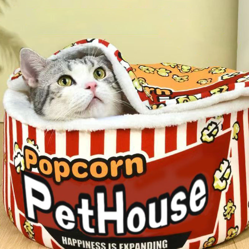 Contemporary Cylindrical Popcorn Bucket Pet Bed in Crystal Velvet and Arctic Velvet – Detachable Cat Bed for Bedroom