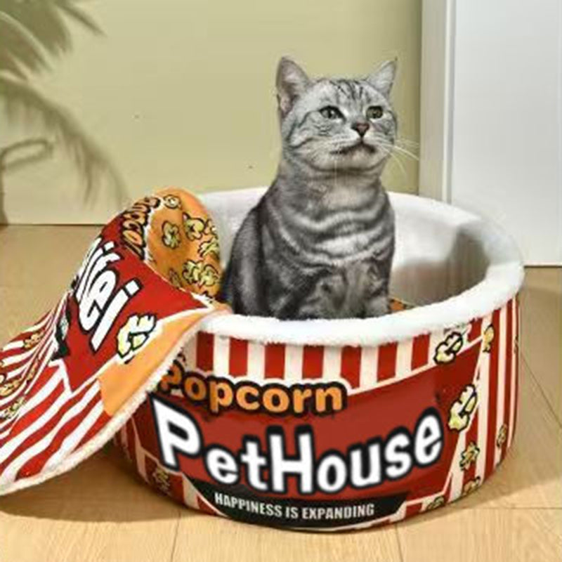 Contemporary Cylindrical Popcorn Bucket Pet Bed in Crystal Velvet and Arctic Velvet – Detachable Cat Bed for Bedroom
