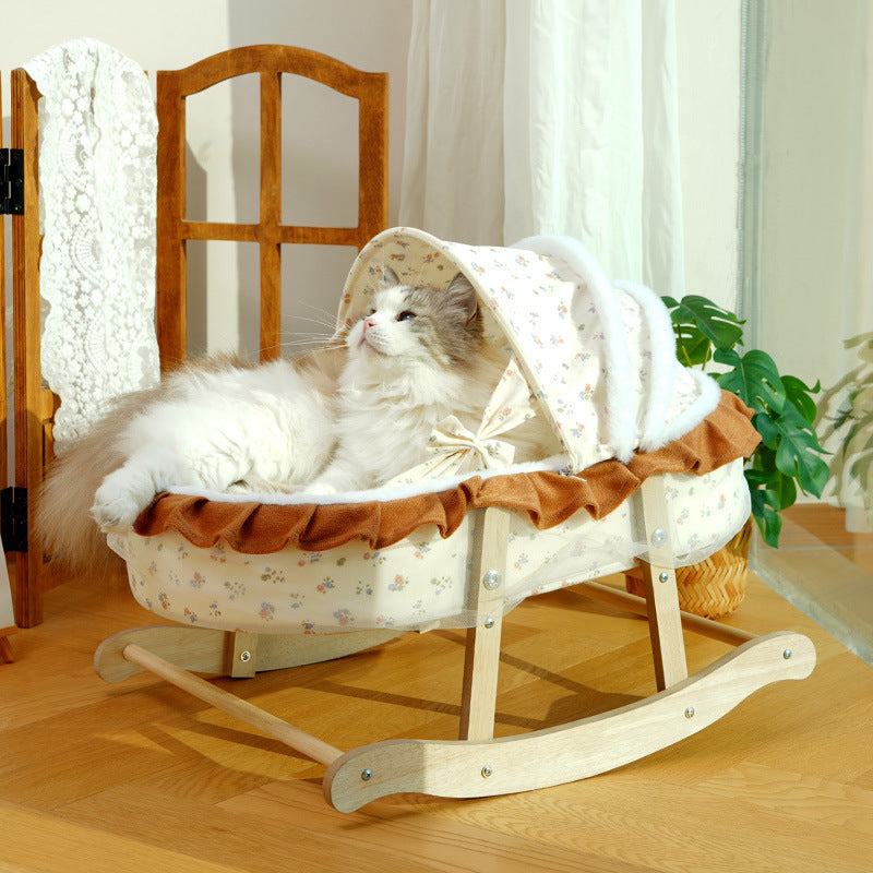 Traditional French Curved Rocking Cradle Sunshade – MDF Pet Bed for Cats with Fabric Cover, Bedroom-Ready