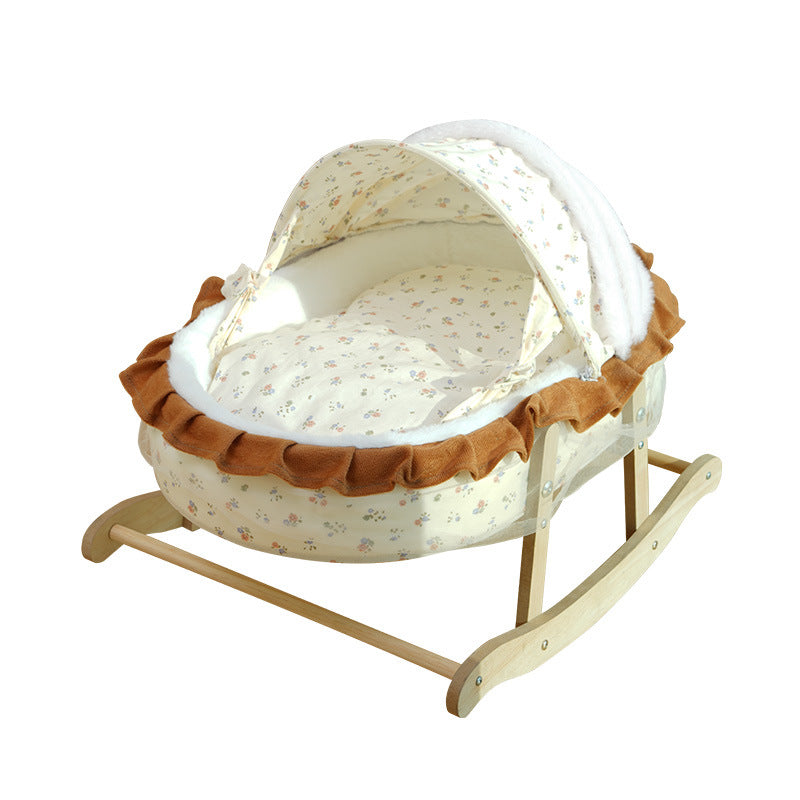 Traditional French Curved Rocking Cradle Sunshade – MDF Pet Bed for Cats with Fabric Cover, Bedroom-Ready