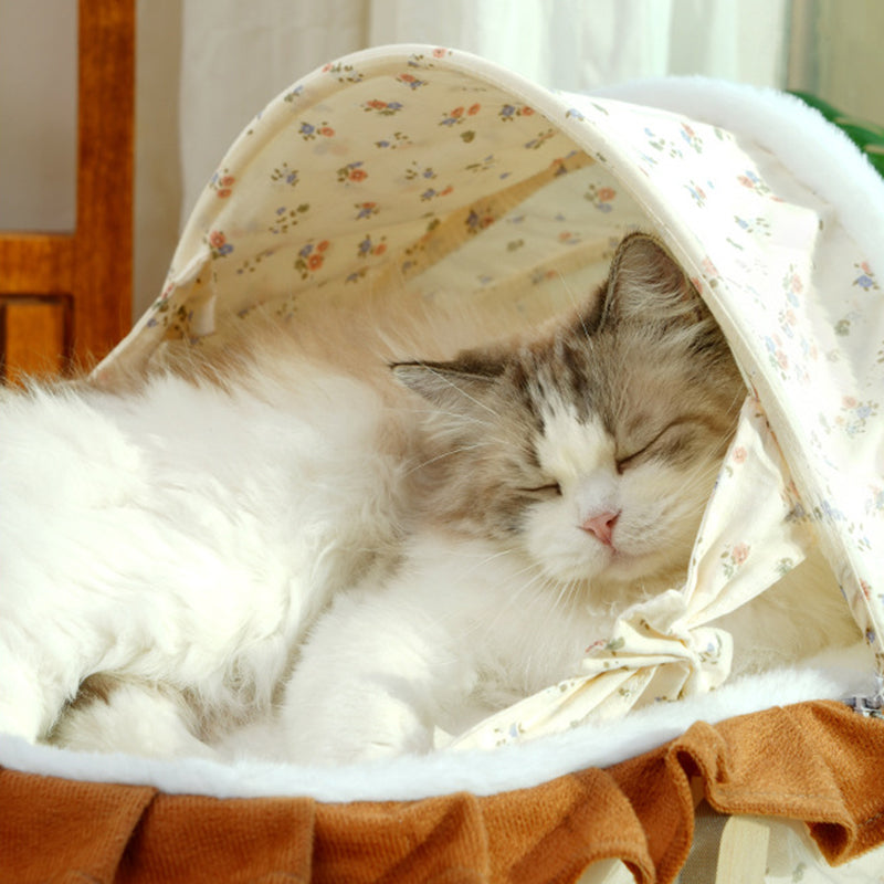 Traditional French Curved Rocking Cradle Sunshade – MDF Pet Bed for Cats with Fabric Cover, Bedroom-Ready