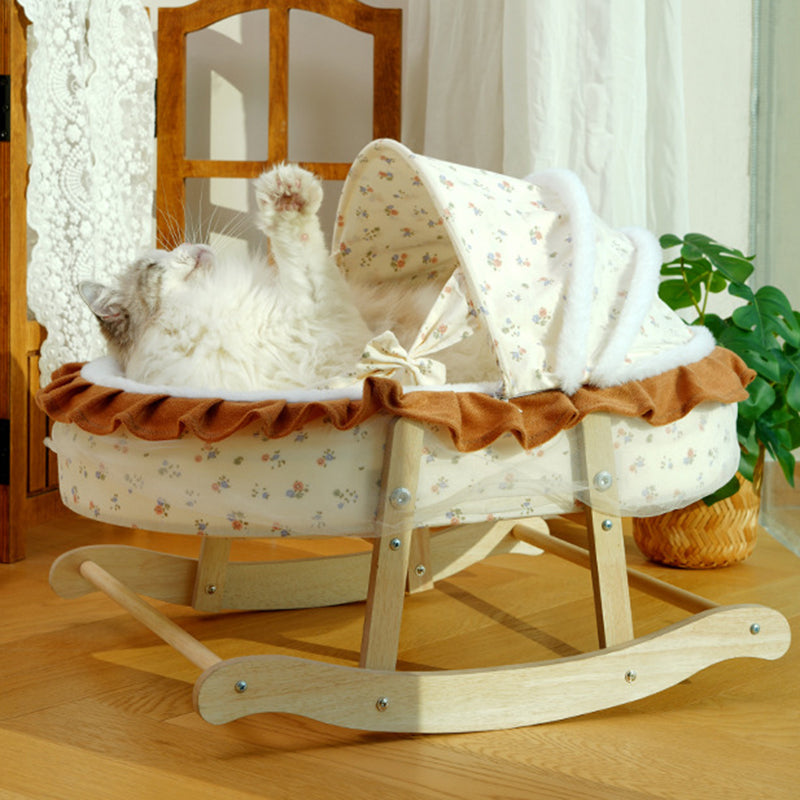 Traditional French Curved Rocking Cradle Sunshade – MDF Pet Bed for Cats with Fabric Cover, Bedroom-Ready