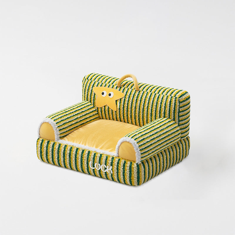 Cozy Modern Minimalist Rectangular Striped Fleece Pet Bed with Accent Chair-Style Backrest and Armrests for Living Room