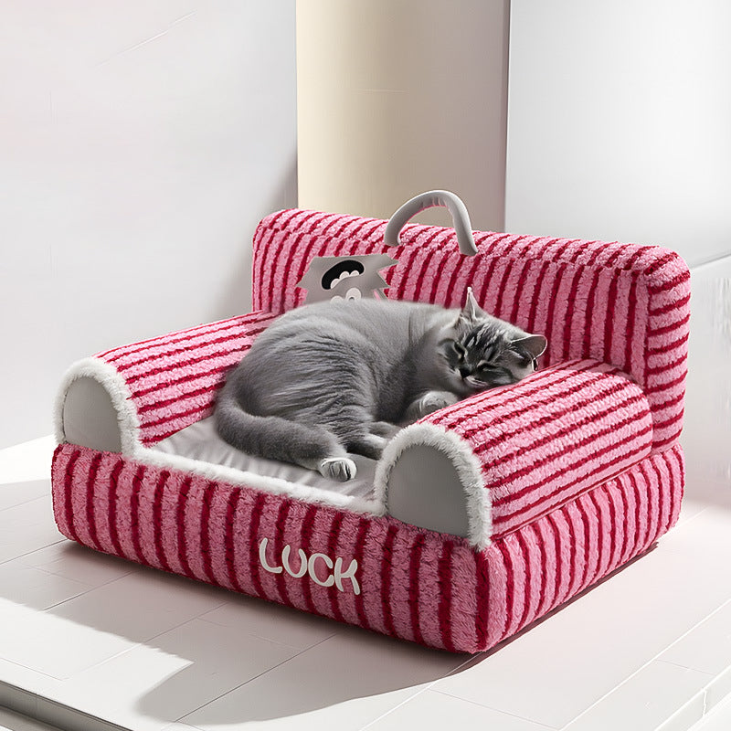 Cozy Modern Minimalist Rectangular Striped Fleece Pet Bed with Accent Chair-Style Backrest and Armrests for Living Room