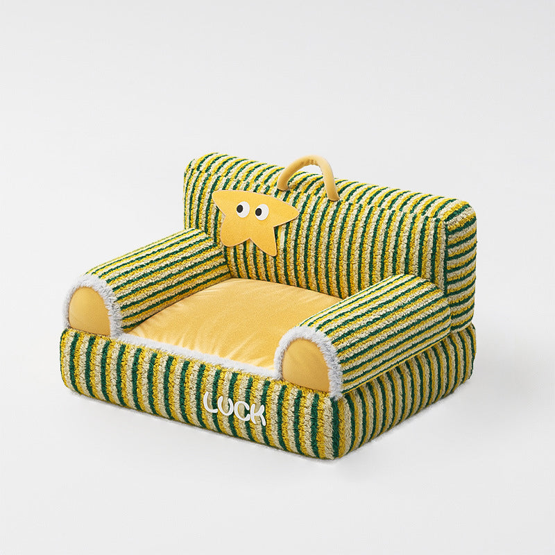 Cozy Modern Minimalist Rectangular Striped Fleece Pet Bed with Accent Chair-Style Backrest and Armrests for Living Room