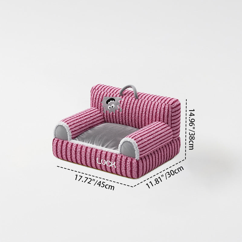 Cozy Modern Minimalist Rectangular Striped Fleece Pet Bed with Accent Chair-Style Backrest and Armrests for Living Room