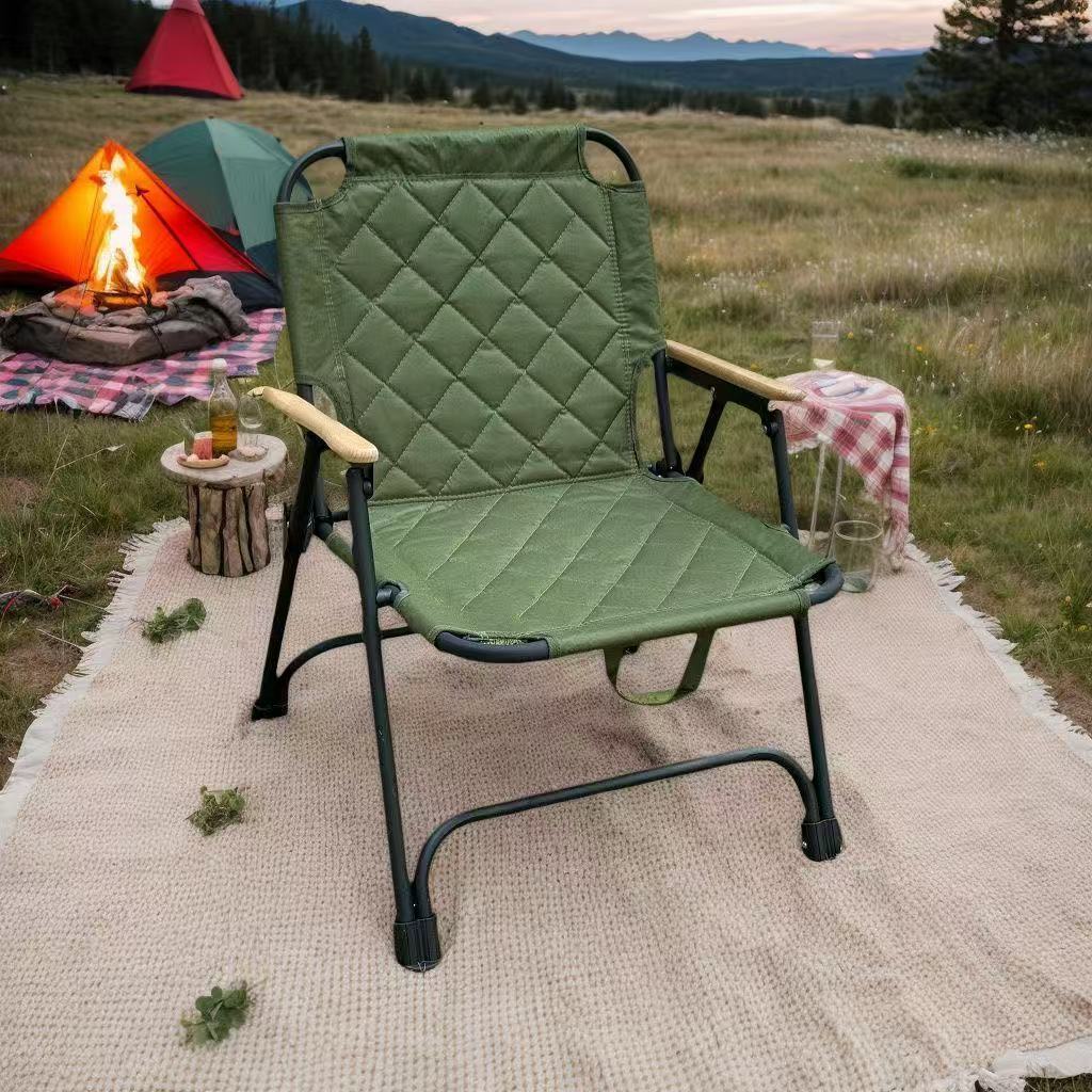 Modern Minimalist Folding Camping Chair – Rectangular Diamond-Pattern Oxford Fabric, Carbon Steel Frame, Beech Wood Backrest & Armrests, Ideal for Garden