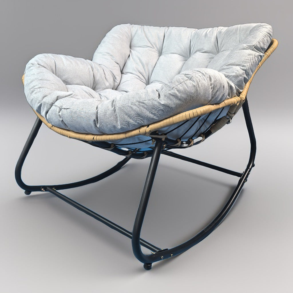 Modern Minimalist Curved Bird's Nest Rocking Chair - Armless with Carbon Steel Frame, Linen-Blend Tech Fabric & PE Rattan, for Living Room