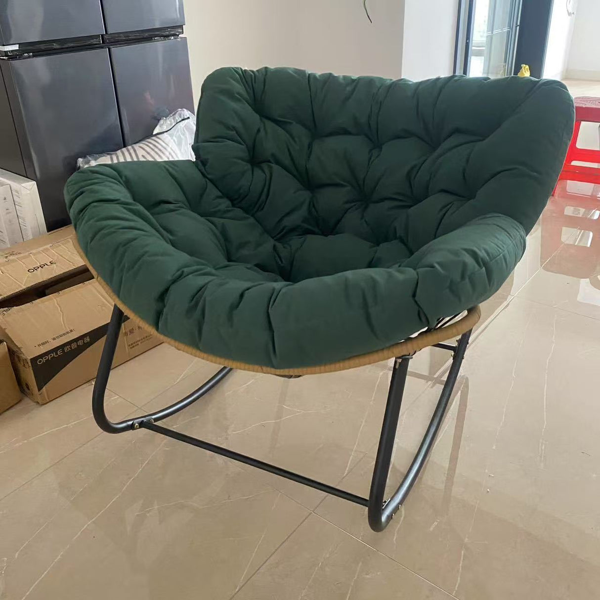 Modern Minimalist Curved Bird's Nest Rocking Chair - Armless with Carbon Steel Frame, Linen-Blend Tech Fabric & PE Rattan, for Living Room