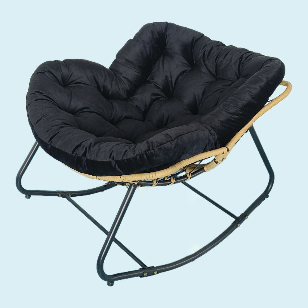 Modern Minimalist Curved Bird's Nest Rocking Chair - Armless with Carbon Steel Frame, Linen-Blend Tech Fabric & PE Rattan, for Living Room