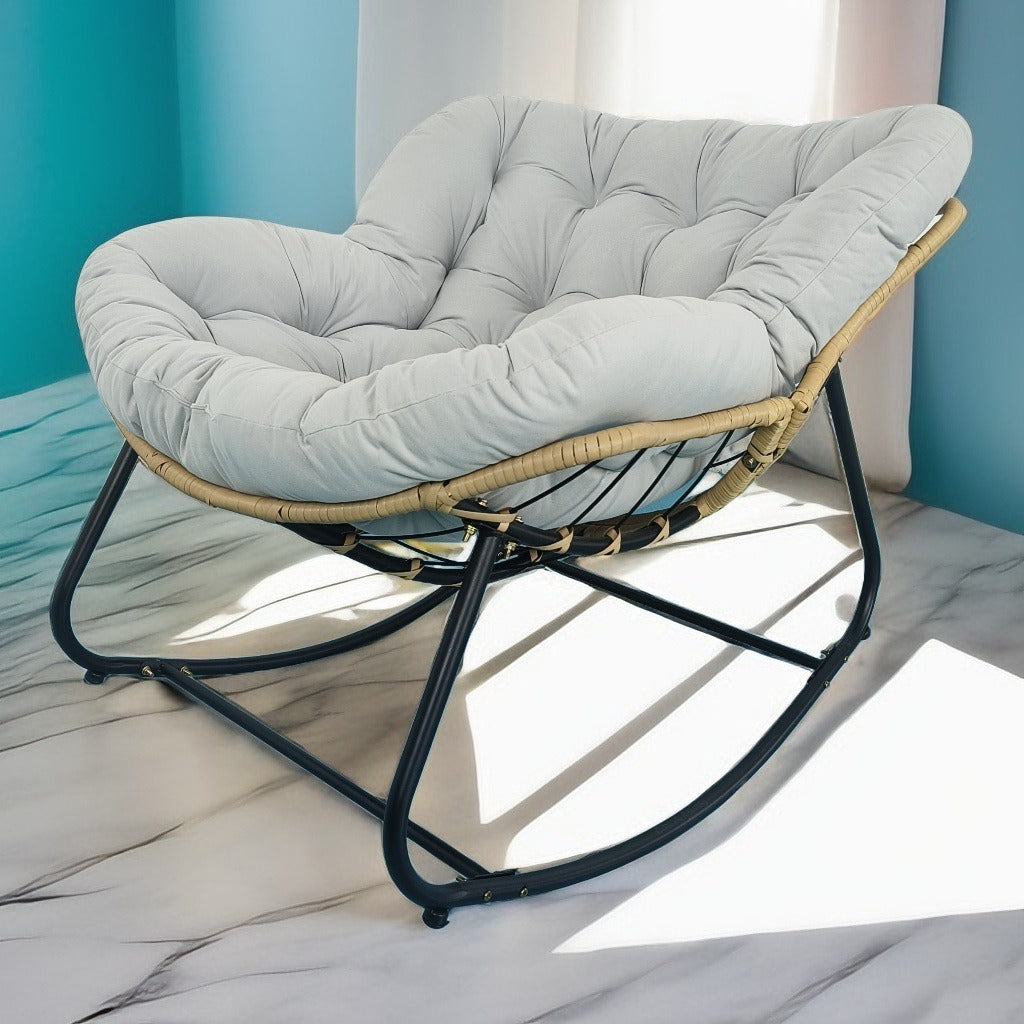 Modern Minimalist Curved Bird's Nest Rocking Chair - Armless with Carbon Steel Frame, Linen-Blend Tech Fabric & PE Rattan, for Living Room