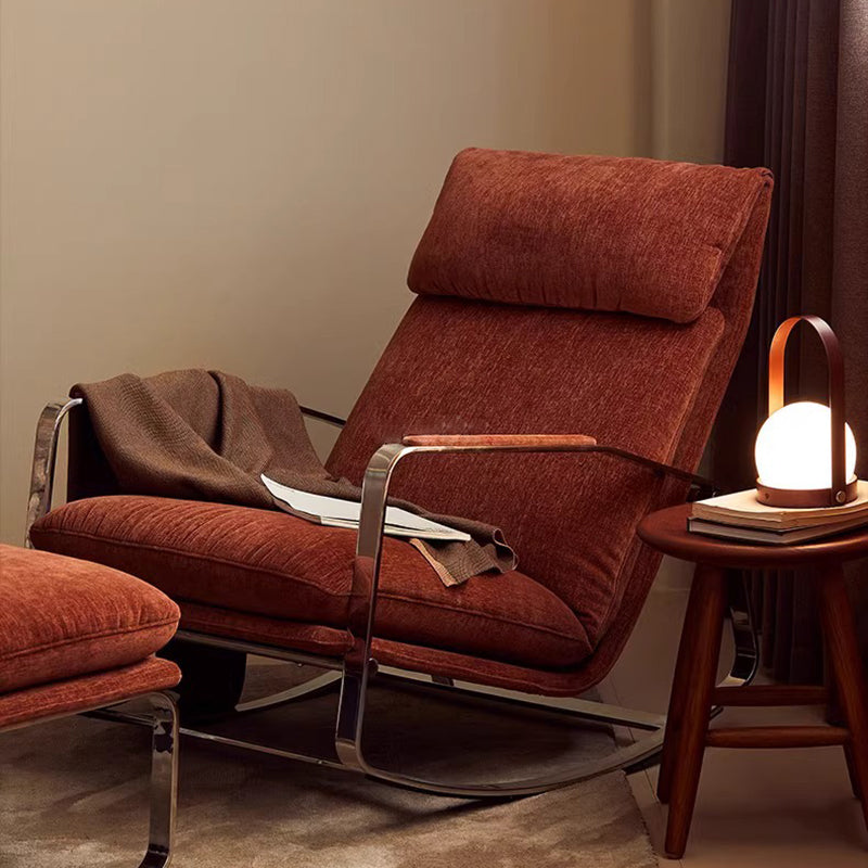 Modern Minimalist Chenille Fabric Rocking Chair with Curved Rectangular Design, Solid Wood & Multi-Layer Plywood Frame, Stainless Steel Accents, Backrest and Armrests for Living Room