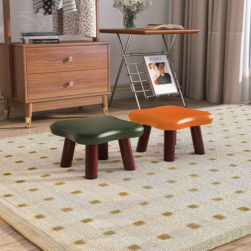 Contemporary Four-Leaf Clover Kids Stool — Solid Wood, Faux Oil-Waxed Leather, Low, Backless & Armless, Living Room Accent