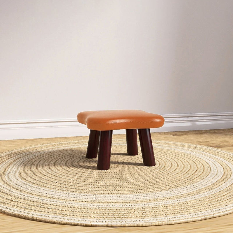 Contemporary Four-Leaf Clover Kids Stool — Solid Wood, Faux Oil-Waxed Leather, Low, Backless & Armless, Living Room Accent