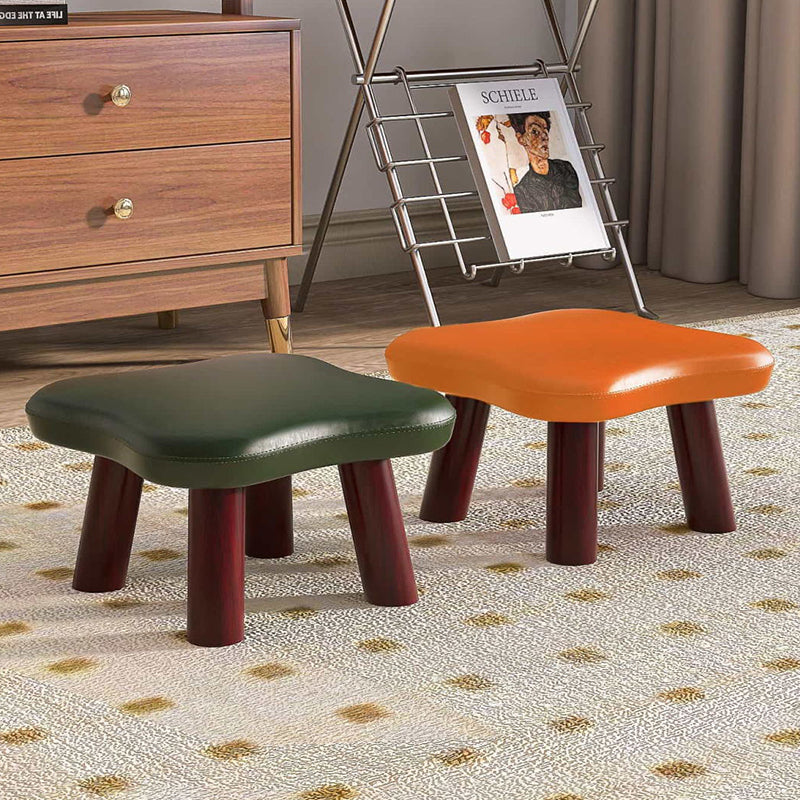 Contemporary Four-Leaf Clover Kids Stool — Solid Wood, Faux Oil-Waxed Leather, Low, Backless & Armless, Living Room Accent