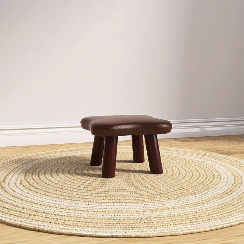 Contemporary Four-Leaf Clover Kids Stool — Solid Wood, Faux Oil-Waxed Leather, Low, Backless & Armless, Living Room Accent