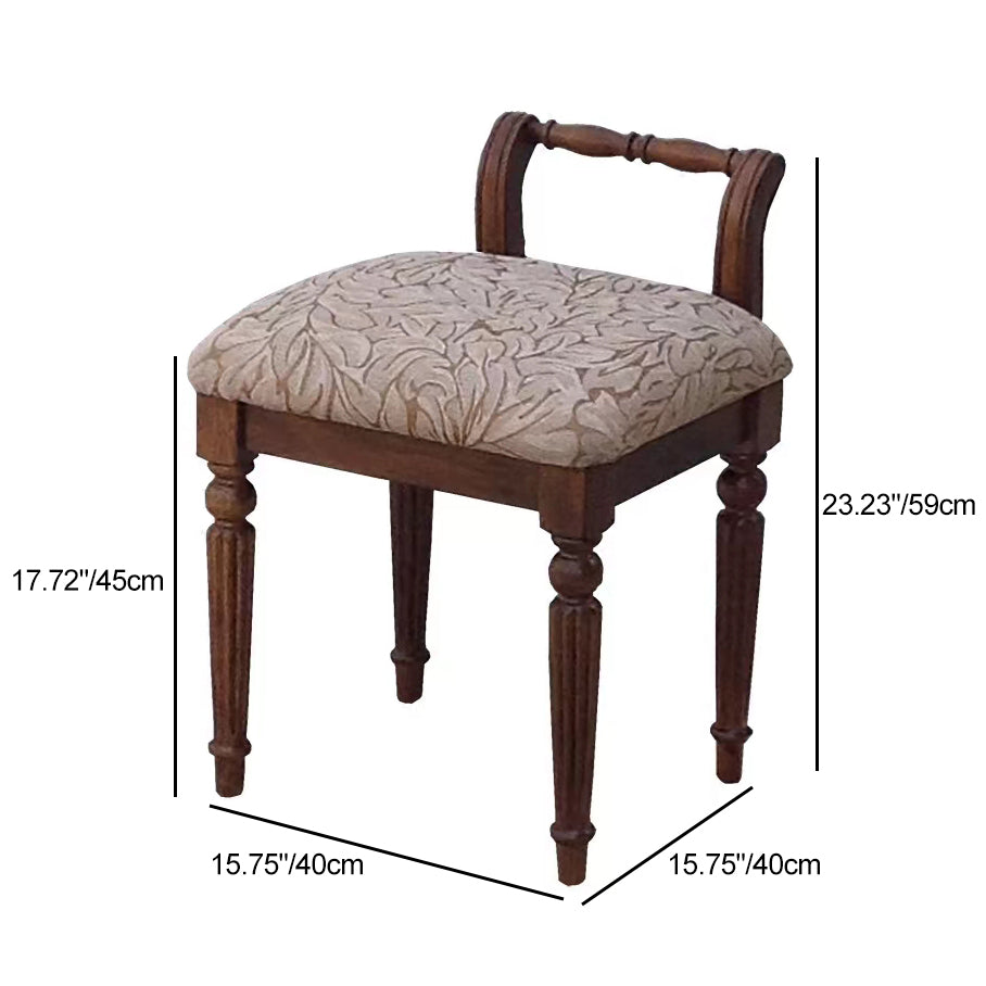Classic Vintage Solid Wood Vanity Stool – Square Padded Seat with Patterned Upholstery and Low Back for the Bedroom