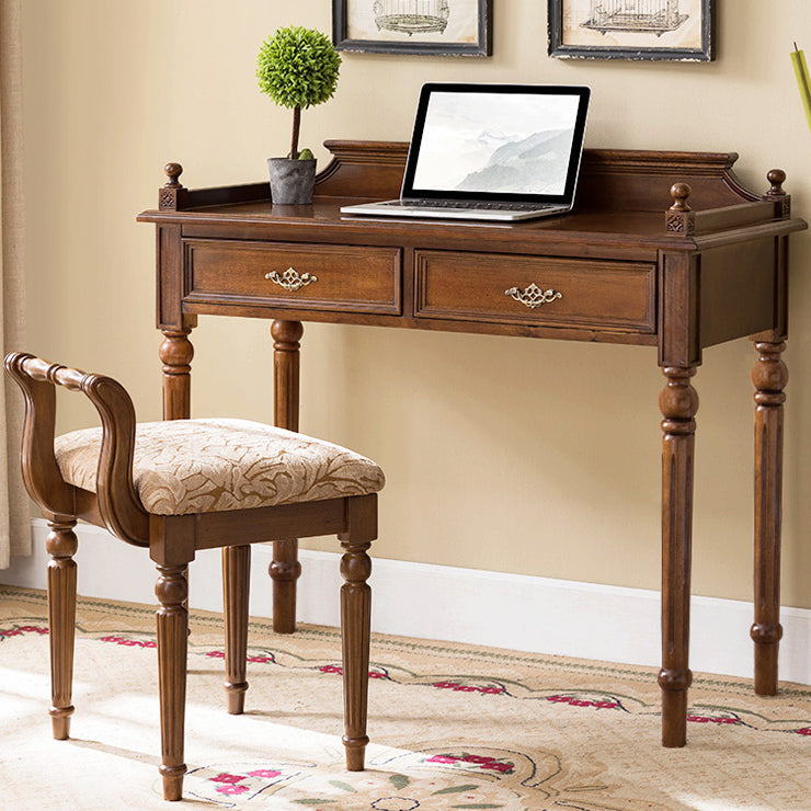 Classic Vintage Solid Wood Vanity Stool – Square Padded Seat with Patterned Upholstery and Low Back for the Bedroom