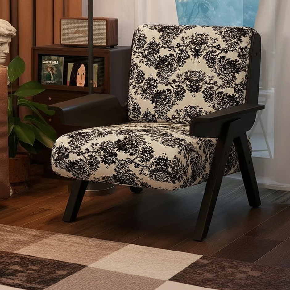 Traditional French-Style Square Fabric Accent Chair with Solid Rubberwood Frame and Armrests for Living Room