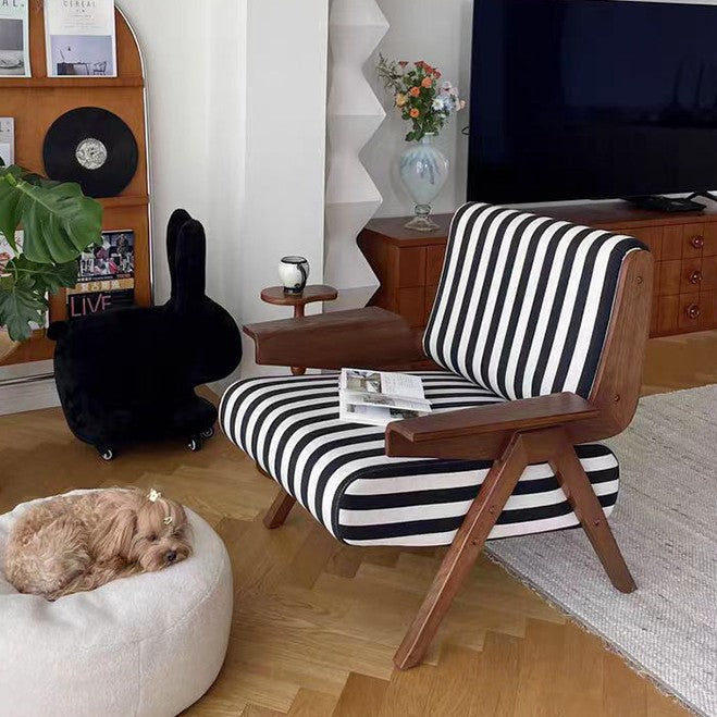 Traditional French-Style Square Fabric Accent Chair with Solid Rubberwood Frame and Armrests for Living Room