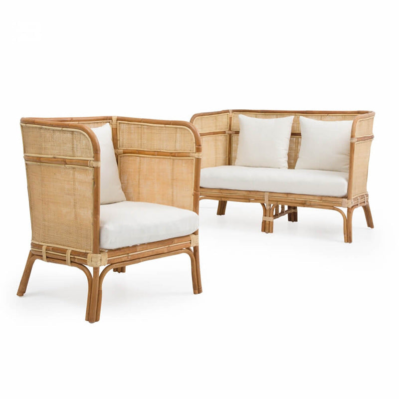 Traditional Chinese-Style Backrest Armchair Sofa – Handwoven Natural Indonesian Rattan, Waterproof Cushions, Zen-Style Living Room Chair