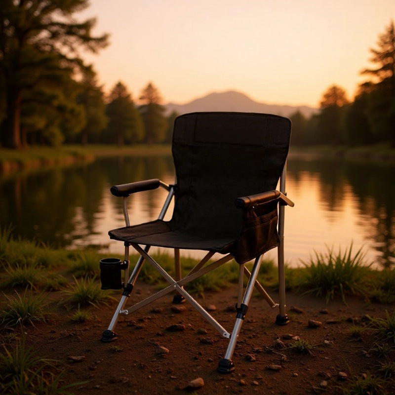 Modern Minimalist Square Carbon-Steel Folding Camping Chair with Oxford Fabric Backrest and Armrests – Black, Outdoor Use