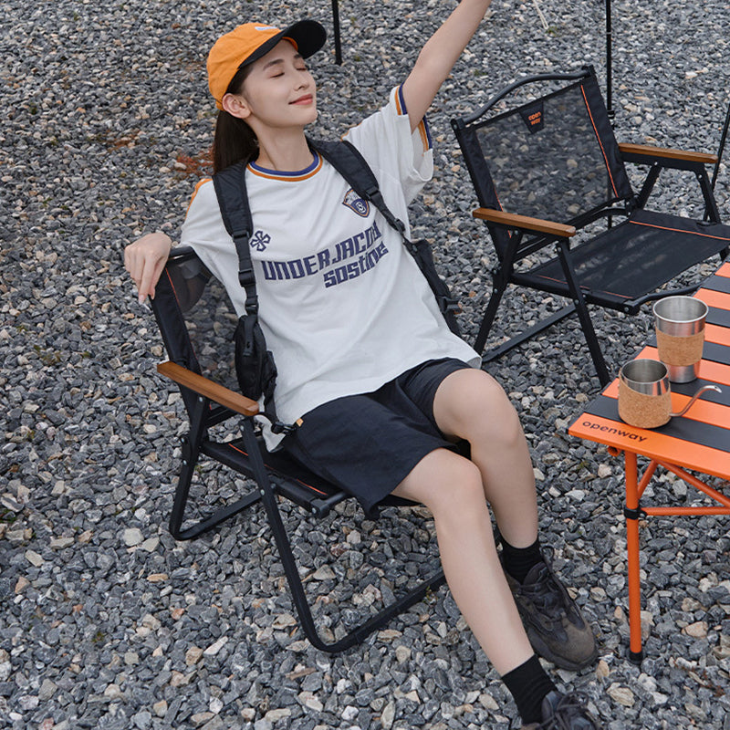 Modern Minimalist Foldable Camping Chair with Square Carbon Steel Frame, Nylon Seat, Beech Wood Backrest and Armrests for Outdoor Use
