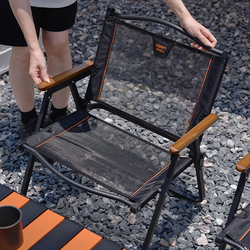 Modern Minimalist Foldable Camping Chair with Square Carbon Steel Frame, Nylon Seat, Beech Wood Backrest and Armrests for Outdoor Use