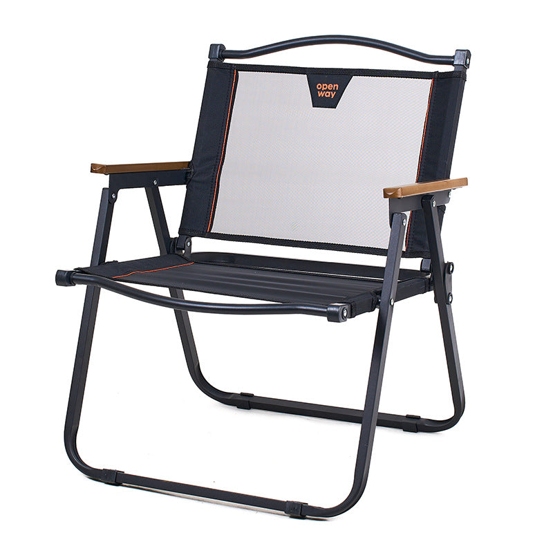 Modern Minimalist Foldable Camping Chair with Square Carbon Steel Frame, Nylon Seat, Beech Wood Backrest and Armrests for Outdoor Use