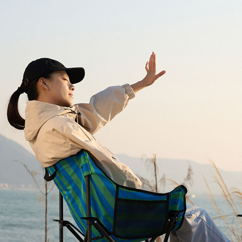 Modern Minimalist Foldable Camping Chair with Backrest — Square Carbon Steel Frame, Oxford Fabric, Striped or Plaid Design, Outdoor Use