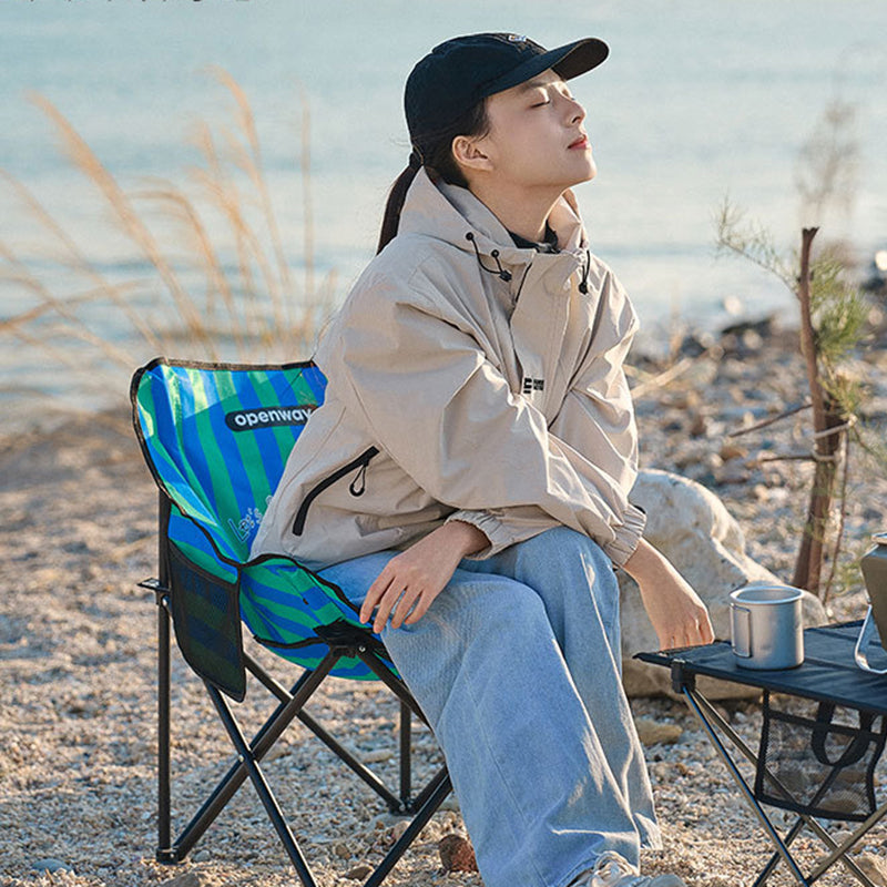Modern Minimalist Foldable Camping Chair with Backrest — Square Carbon Steel Frame, Oxford Fabric, Striped or Plaid Design, Outdoor Use