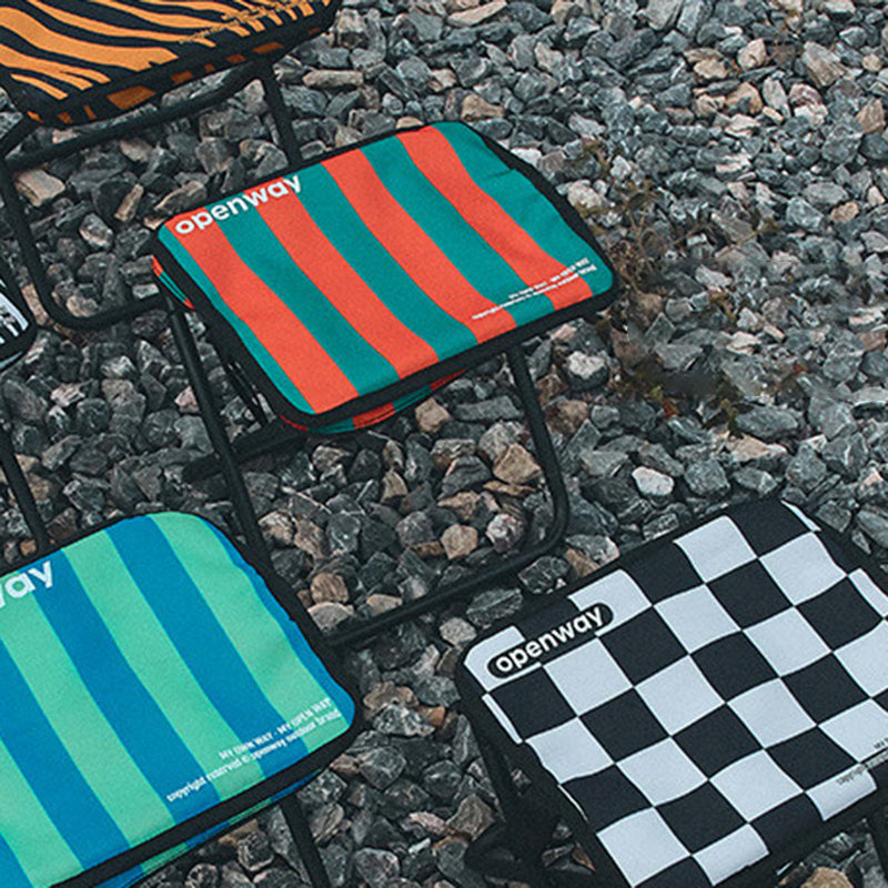 Modern Minimalist Rectangular Folding Stool with Carbon Steel Frame, Oxford Fabric Seat and Backrest — Striped or Plaid, Outdoor Use