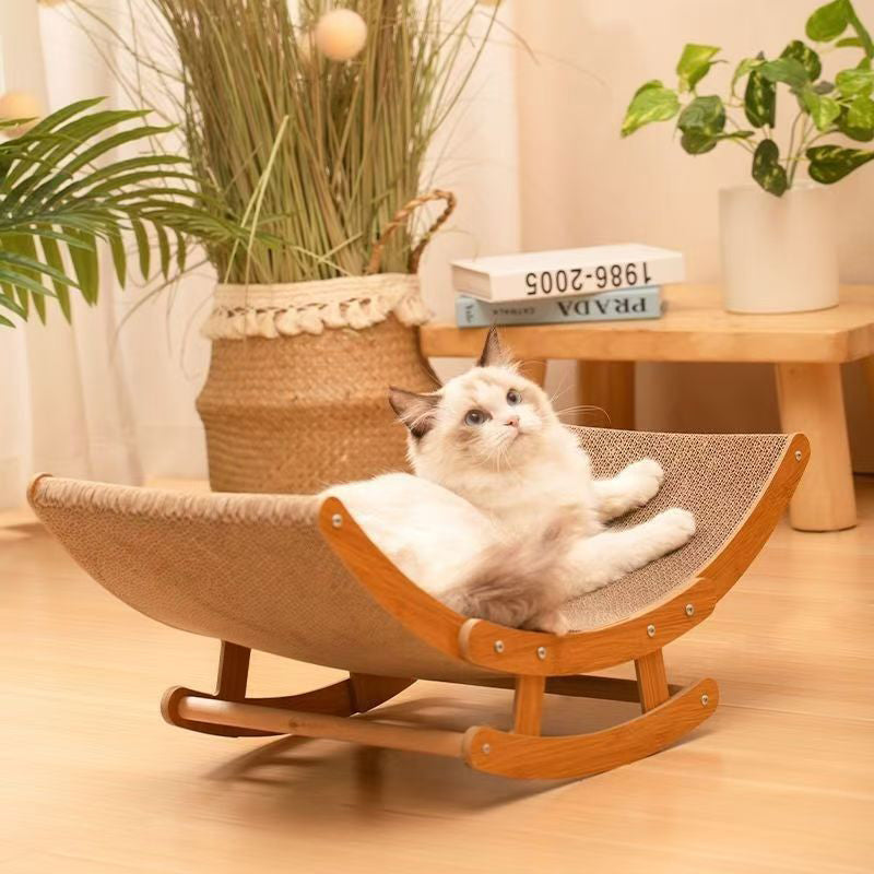 Modern Minimalist Curved Wooden Board Cat Rocking Chair with Corrugated Paper Accents for Living Room