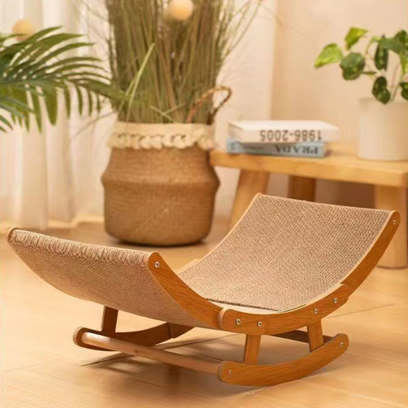 Modern Minimalist Curved Wooden Board Cat Rocking Chair with Corrugated Paper Accents for Living Room
