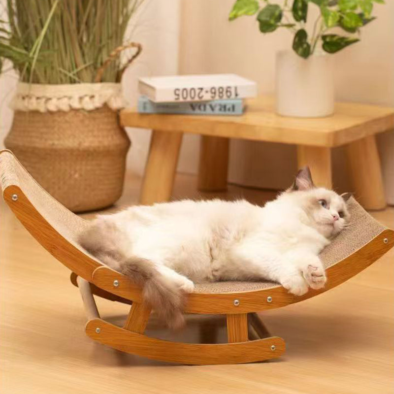 Modern Minimalist Curved Wooden Board Cat Rocking Chair with Corrugated Paper Accents for Living Room