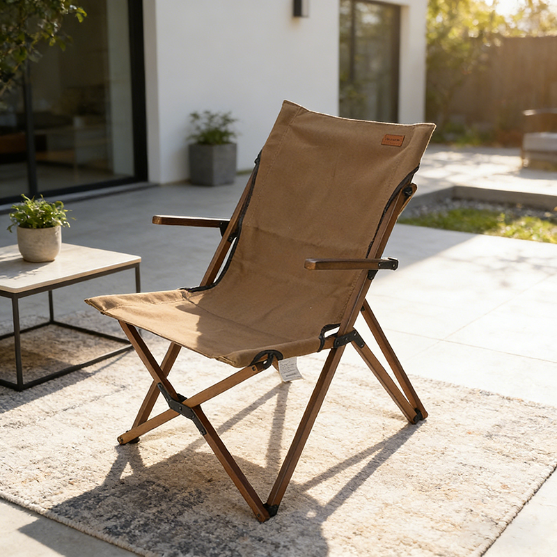 Modern Minimalist Curved Solid Wood Recliner with Fabric Backrest and Foldable Armrests for Garden